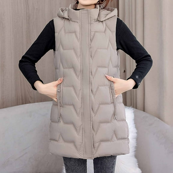 Wancir Women's Long Puffer Vest Cotton Sleeveless Puffy Jacket with Removable Hood