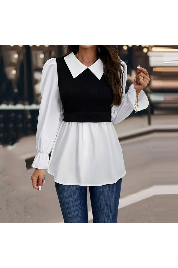 Wancir Women's Long Sleeve Contrast Collared Shirts Patchwork Work Blouse Tunics Tops