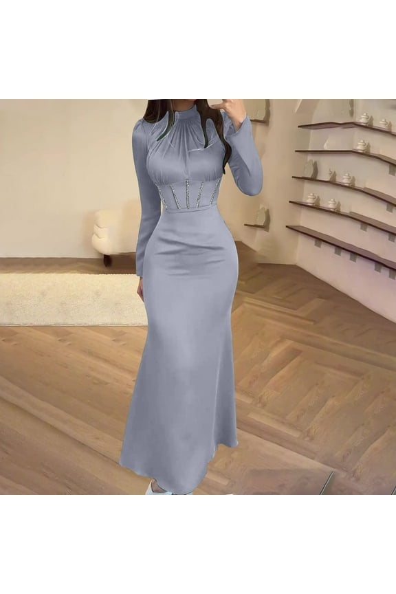 Wancir Women's Mock Neck Satin Dress Elegant Long Sleeve Elastic High Waist Formal Wedding Cocktail Party Maxi Dresses
