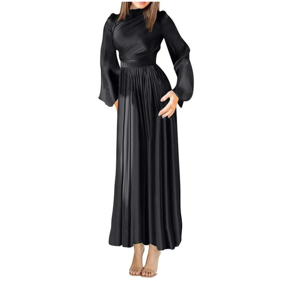 Wancir Women's Mock Neck Satin Dress Elegant Long Sleeve Elastic High Waist Formal Wedding Cocktail Party Maxi Dresses