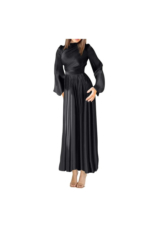 Wancir Women's Mock Neck Satin Dress Elegant Long Sleeve Elastic High Waist Formal Wedding Cocktail Party Maxi Dresses