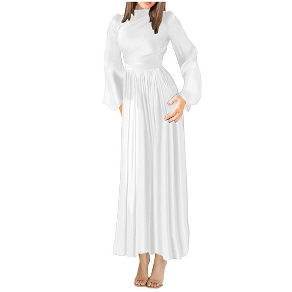 Wancir Women's Mock Neck Satin Dress Elegant Long Sleeve Elastic High Waist Formal Wedding Cocktail Party Maxi Dresses