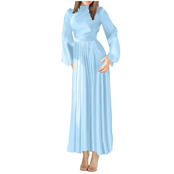 Wancir Women's Mock Neck Satin Dress Elegant Long Sleeve Elastic High Waist Formal Wedding Cocktail Party Maxi Dresses