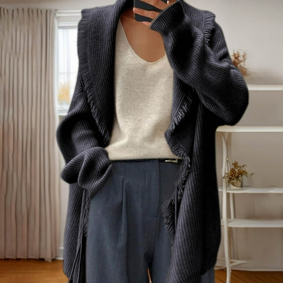 Wancir Women's Open Front Cardigan Sweaters Shawl Neck Long Sleeve Ruffle Chunky Ribbed Knit Sweater Long Jacket Coat