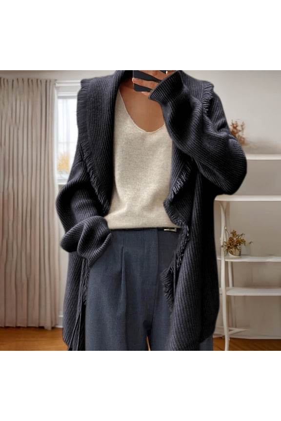 Wancir Women's Open Front Cardigan Sweaters Shawl Neck Long Sleeve Ruffle Chunky Ribbed Knit Sweater Long Jacket Coat