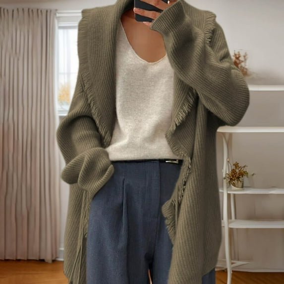 Wancir Women's Open Front Cardigan Sweaters Shawl Neck Long Sleeve Ruffle Chunky Ribbed Knit Sweater Long Jacket Coat