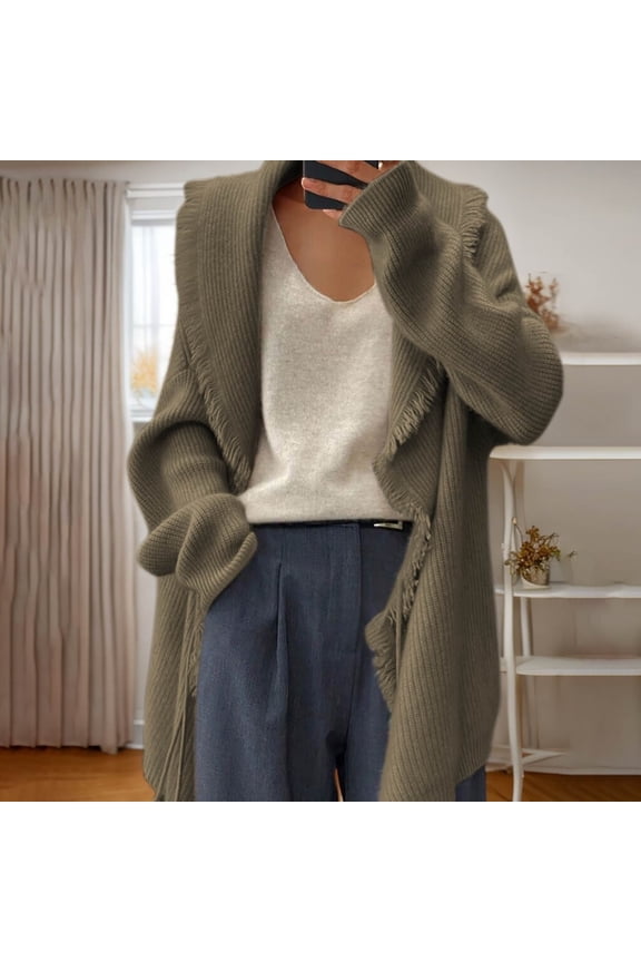 Wancir Women's Open Front Cardigan Sweaters Shawl Neck Long Sleeve Ruffle Chunky Ribbed Knit Sweater Long Jacket Coat