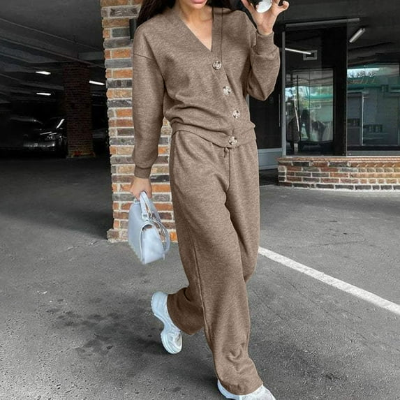 Wancir Women's Oversize 2 Piece Outfits Matching Lounge Sets Long Sleeve V Neck Cardigan Sweaters Wide Leg Pants Tracksuits S-5XL