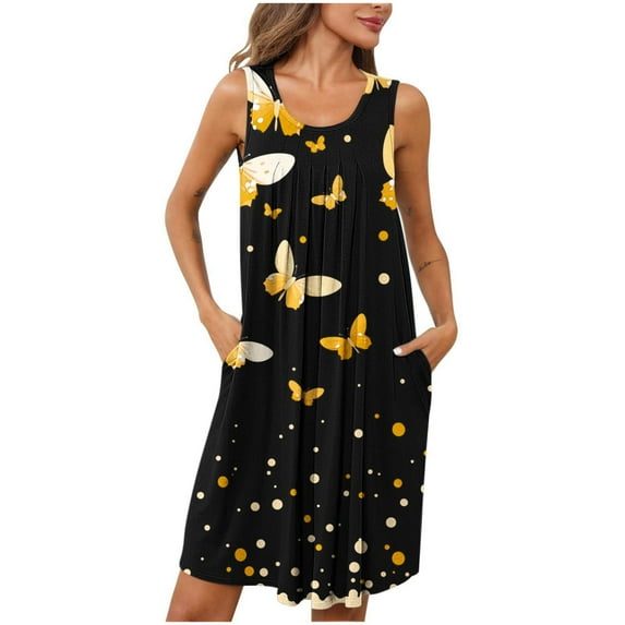 Wancir Women's Pleated Nightgown Sleeveless Round Neck with Side Pockets