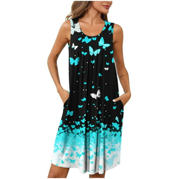 Wancir Women's Pleated Nightgown Sleeveless Round Neck with Side Pockets