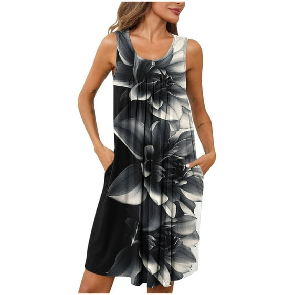 Wancir Women's Pleated Nightgown Sleeveless Round Neck with Side Pockets