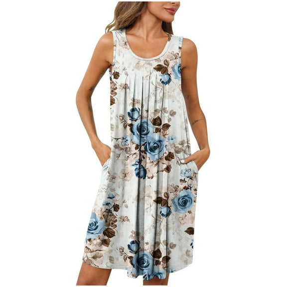Wancir Women's Pleated Nightgown Sleeveless Round Neck with Side Pockets