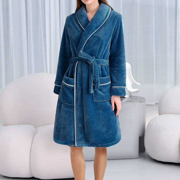 Wancir Women's Plush Bathrobe, Flannel Long Pajama Robe with Belt Fleece Solid Color Nightgown Soft Sleepwear Warm Nightwear