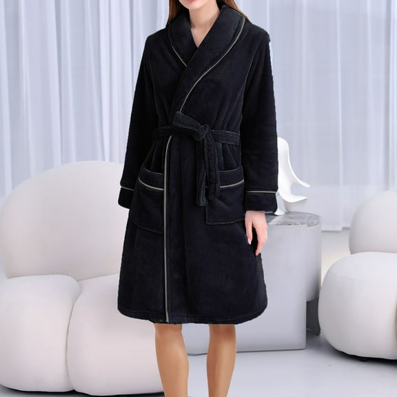 Wancir Women's Plush Bathrobe, Flannel Long Pajama Robe with Belt Fleece Solid Color Nightgown Soft Sleepwear Warm Nightwear