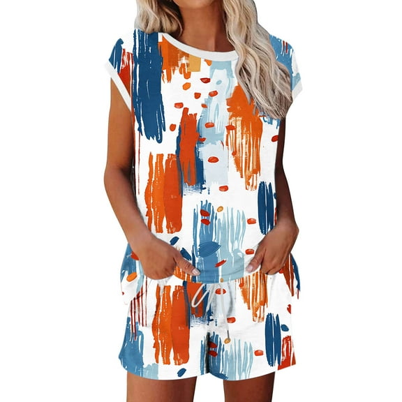 Wancir Women's Print Short Sleeve Set Round Neck Top & Pants for Casual Daily Outfits