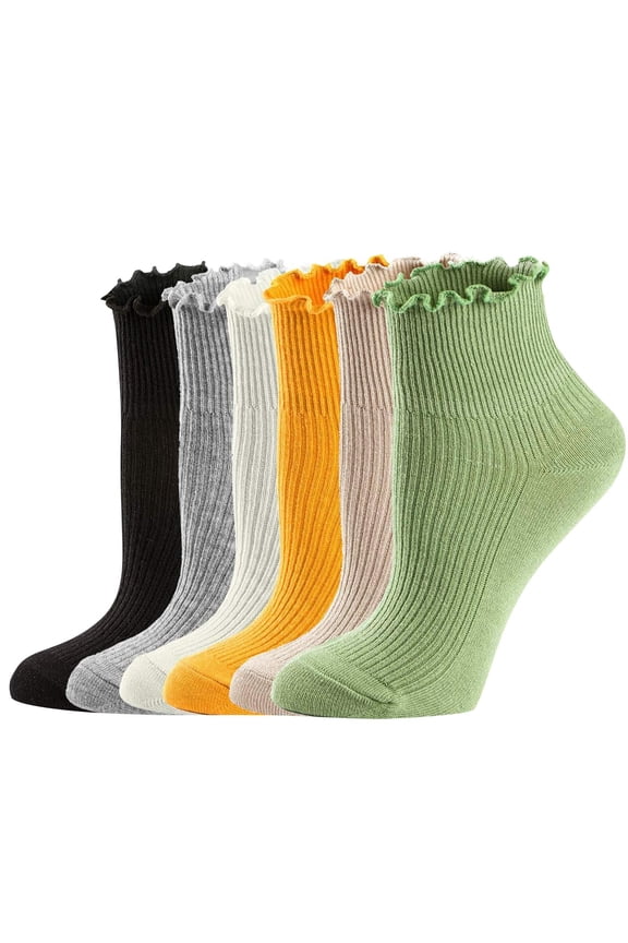 Wancir Women's Ruffle Socks,Casual Cute Ankle Socks Breathable Knit Cotton Soft Frilly Crew Socks for Women 6 Pack