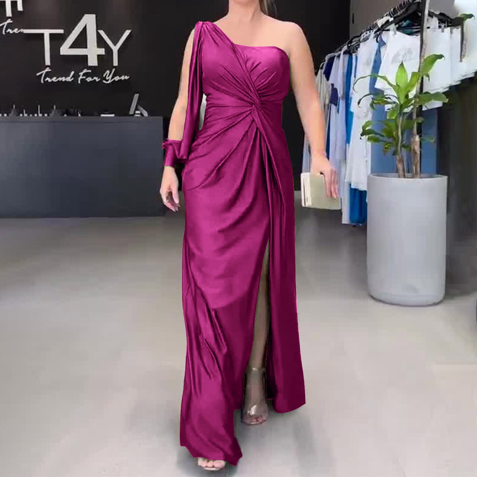 Exquisite Satin Unique Print Long-sleeve Tie-waist Slit Maxi Dress