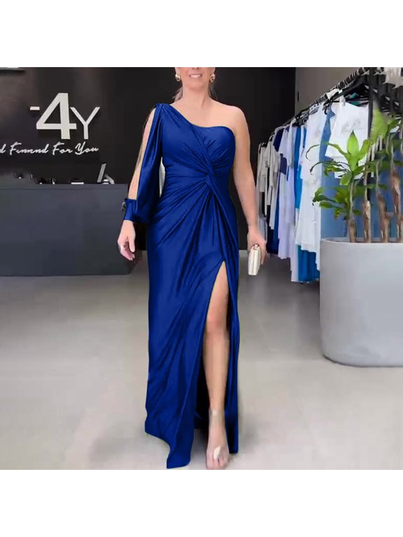Wancir Women's Satin Long Sleeve One Shoulder Maxi Dress Asymmetrical Tie Waist Slit Party Cocktail Long Formal Prom Dress