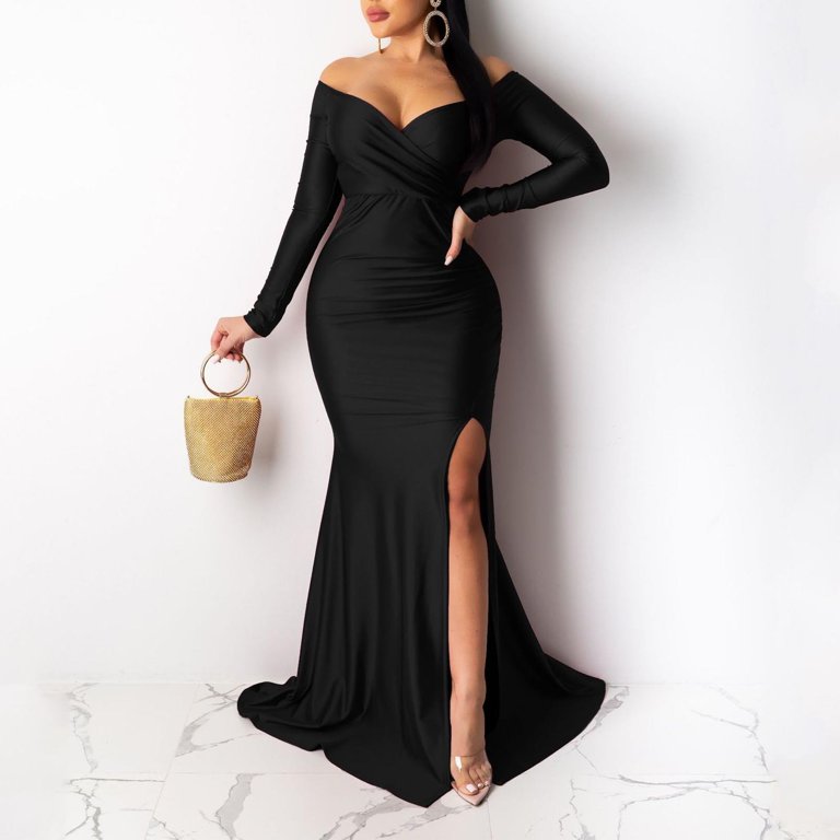Wancir Women's Sexy Deep V Neck Off Shoulder Ruched Bodycon Long Sleeve Midi  Dress Evening Party Cocktail Dress - Walmart.com