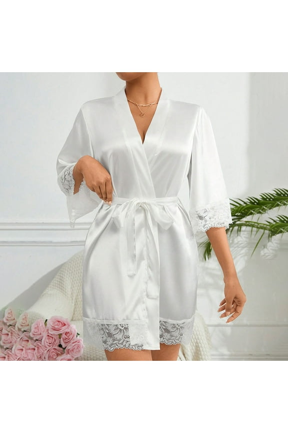 Wancir Women's Silk-Like Bathrobe Lace Trim & Belted Waist for Spa/Home Lounge