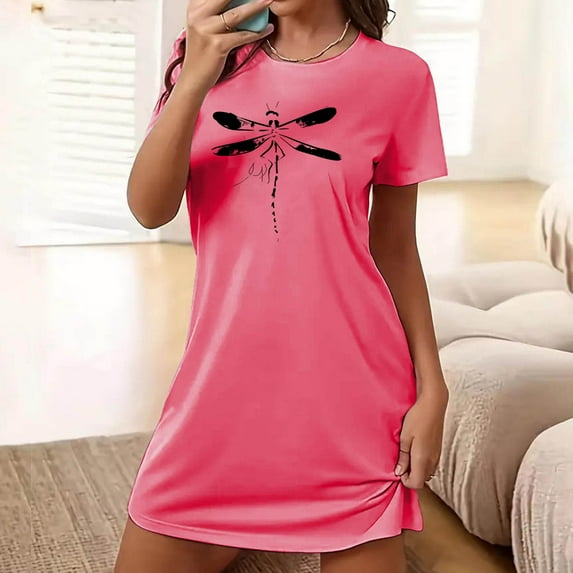 Wancir Women's Soft Dragonfly Print Lounge Dress, Plus Size Short Round Neck Nightdress