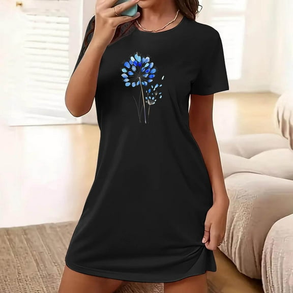 Wancir Women's Soft Floral Print Lounge Dress, Plus Size Short Round Neck Nightdress