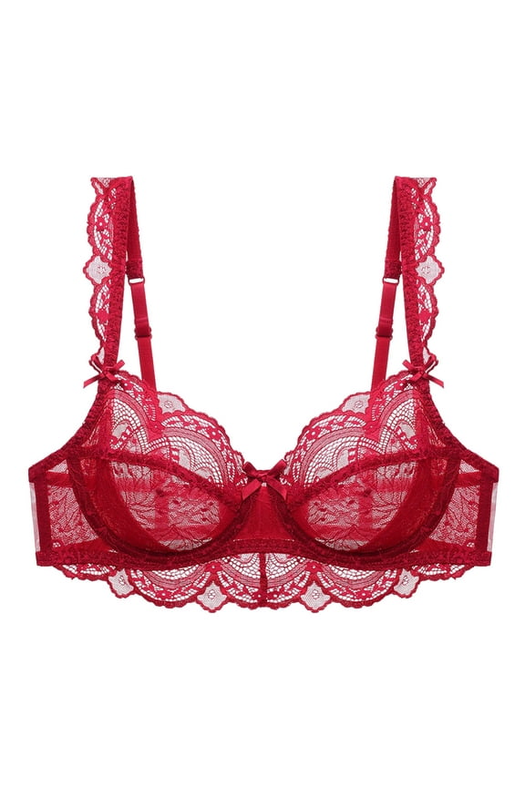 Wancir Women's Solid Color Ultra-thin Sponge Transparent Plus Size Gathered Lace Bra