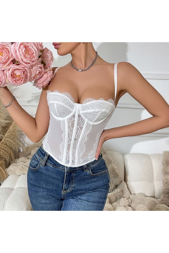 Wancir Women's Steel-Boned Corset Top Adjustable Lace Shoulder Straps & Waist Cinching