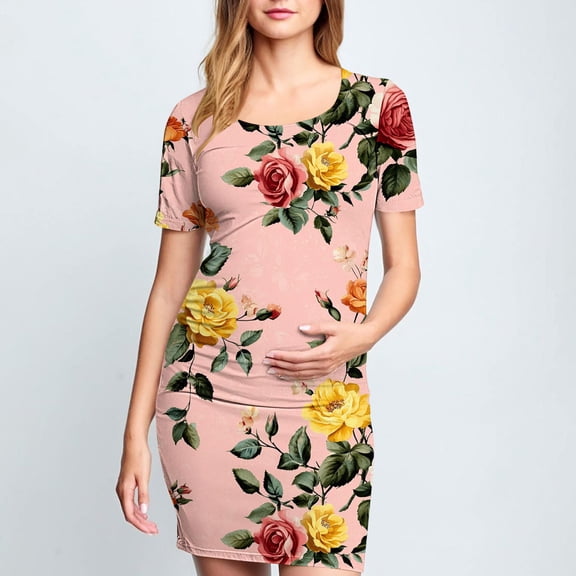 Wancir Women's Stylish Floral Print Maternity Dress with Ruffles, Short Sleeve Round Neck Mid-Calf for Pregnancy