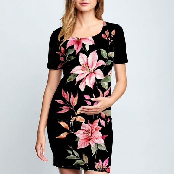 Wancir Women's Stylish Floral Print Maternity Dress with Ruffles, Short Sleeve Round Neck Mid-Calf for Pregnancy
