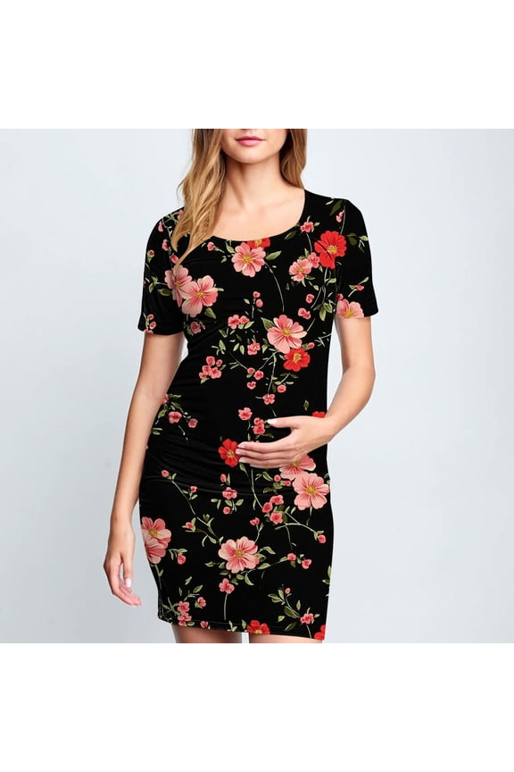Wancir Women's Stylish Floral Print Maternity Dress with Ruffles, Short Sleeve Round Neck Mid-Calf for Pregnancy