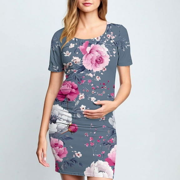 Wancir Women's Stylish Floral Print Maternity Dress with Ruffles, Short Sleeve Round Neck Mid-Calf for Pregnancy
