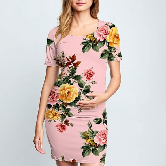 Wancir Women's Stylish Floral Print Maternity Dress with Ruffles, Short Sleeve Round Neck Mid-Calf for Pregnancy