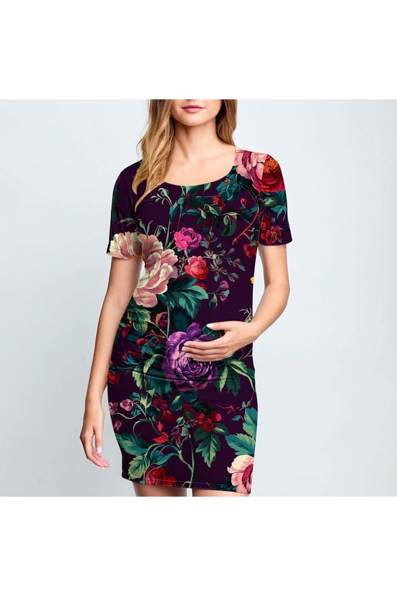 Wancir Women's Stylish Floral Print Maternity Dress with Ruffles, Short Sleeve Round Neck Mid-Calf for Pregnancy