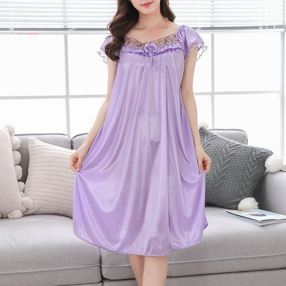 Wancir Women's Summer Lace Trim Nightdress Breathable & Cooling Icy Silk Sleeveless Mid-Calf Sleepwear