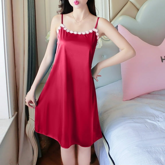 Wancir Women's V-Neck Nightdress Sleeveless Sleep Dress Solid Color for Home Lounge