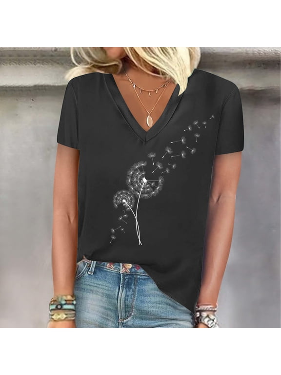 Wancir Women's V Neck T Shirts Casual Rolled Short Sleeve Side Split Summer Tops Loose Fit