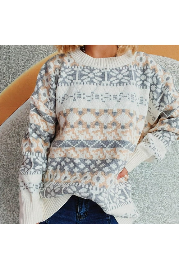Wancir Women's Vintage Fair Isle Sweater Fall Winter Oversized Casual Striped Crewneck Long Sleeve Knitted Pullover Top