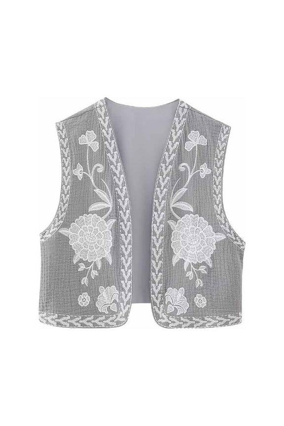 Wancir Women's Vintage Floral Embroidered Vest Boho Casual Open Front Sleeveless Cardigan Waistcoat