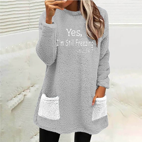 Wancir Women's Winter Warm Sherpa Lined Fleece Crewneck Sweatshirt Pullover Loungewear Tunic Tops With Pocket