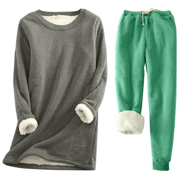 Wancir Womens 2pcs Loungwear Set Thicken Winter Warm Sherpa Fleece Lined Sweatshirt +Pants Soft Pjs Sleepwear