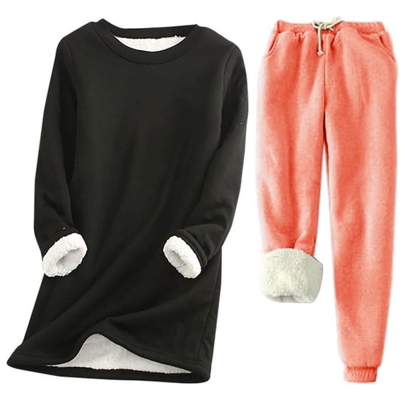 Wancir Womens 2pcs Loungwear Set Thicken Winter Warm Sherpa Fleece Lined Sweatshirt +Pants Soft Pjs Sleepwear