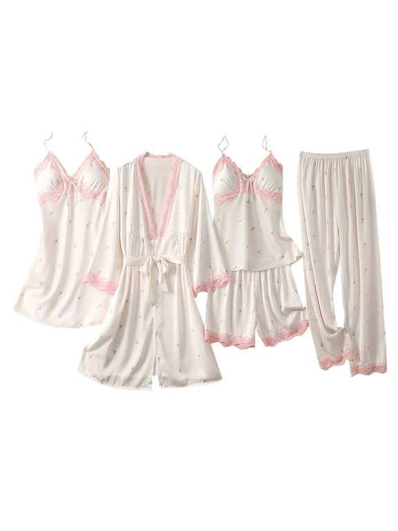 Wancir Womens 5 Piece Satin Pajama Set Lace Camisole Nightgown with Shorts Pants Robe Sleepwear Sexy Floral Nightwear