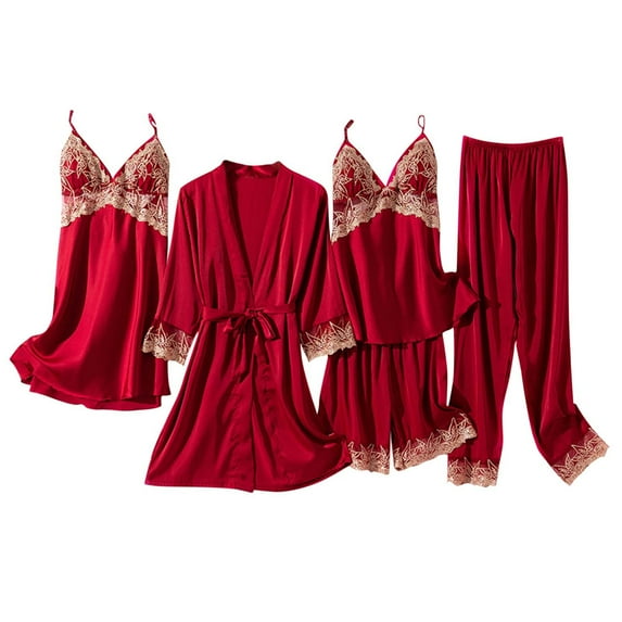 Wancir Womens 5 Piece Satin Pajama Set Lace Camisole Nightgown with Shorts Pants Robe Sleepwear Sexy Floral Nightwear