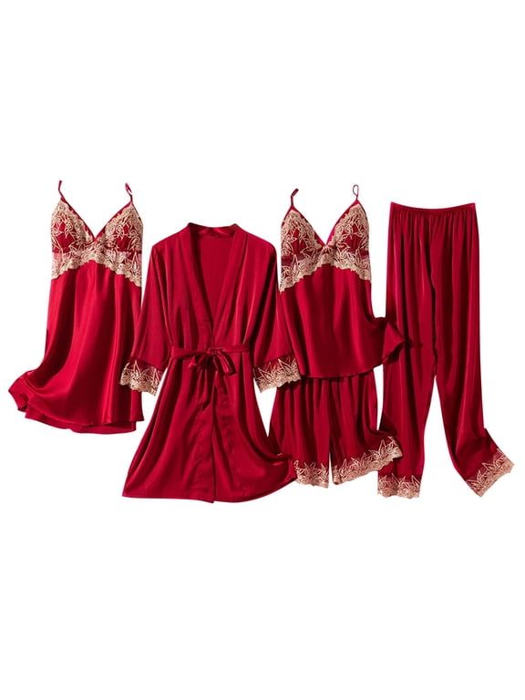 Wancir Womens 5 Piece Satin Pajama Set Lace Camisole Nightgown with Shorts Pants Robe Sleepwear Sexy Floral Nightwear