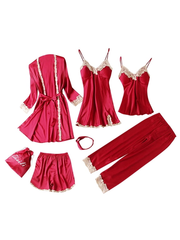 Wancir Womens 5 Piece Satin Pajama Set Lace Camisole Nightgown with Shorts Pants Robe Sleepwear Sexy Floral Nightwear