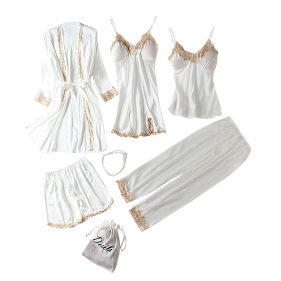 Wancir Womens 5 Piece Satin Pajama Set Lace Camisole Nightgown with Shorts Pants Robe Sleepwear Sexy Floral Nightwear