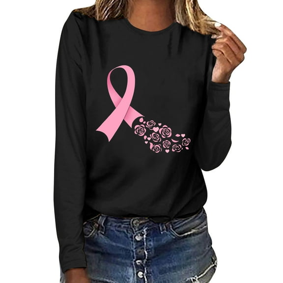 Wancir Womens Breast Cancer Awareness Shirt Casual Fall Long Sleeve Pink Ribbon Crewneck Blouses Fashion Loose Shirts Clotes