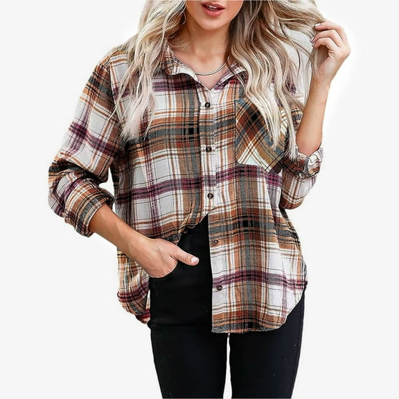 Wancir Womens Button Down Flannel Shirts Long Sleeve Plaid Shackets Business Casual Blouse Top