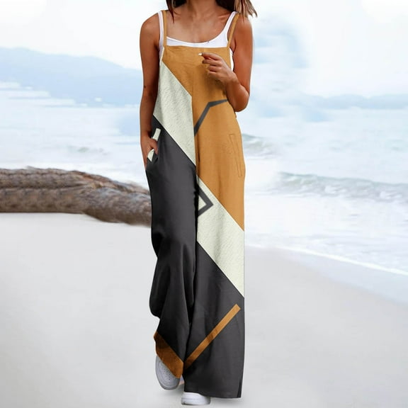 Wancir Womens Casual Jumpsuits Loose Overalls Summer Sleeveless Stretchy Wide Leg Long Pants Romper with Pockets